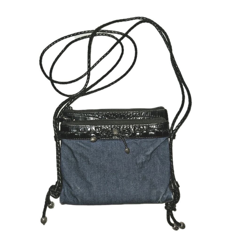 Brighton Denim and Leather Crossbody Bag Purse 8x7 - Picture 2 of 8